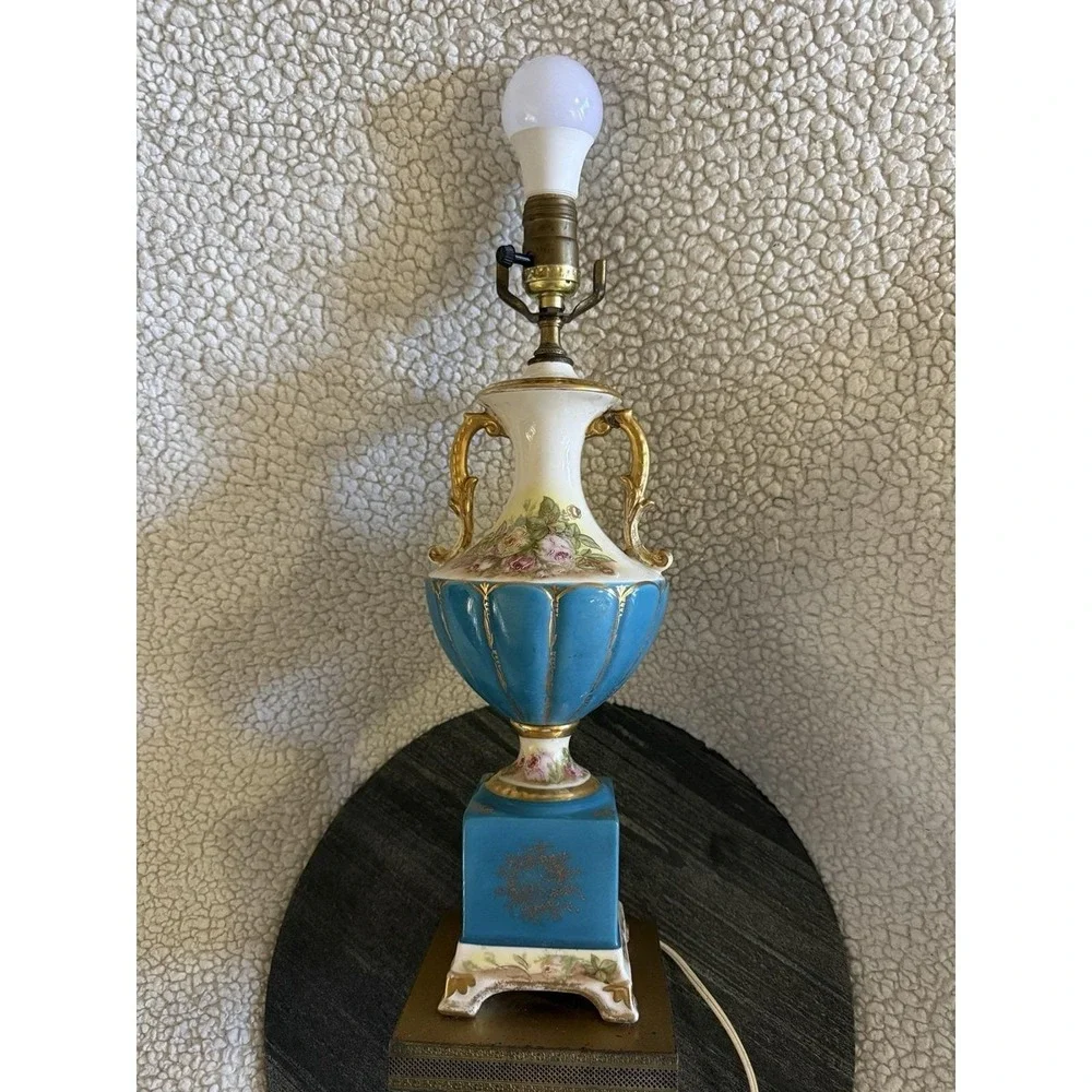 Vtg French Sevres Style Porcelain Urn Lamp Blue Floral Gold Signed Antique Decor